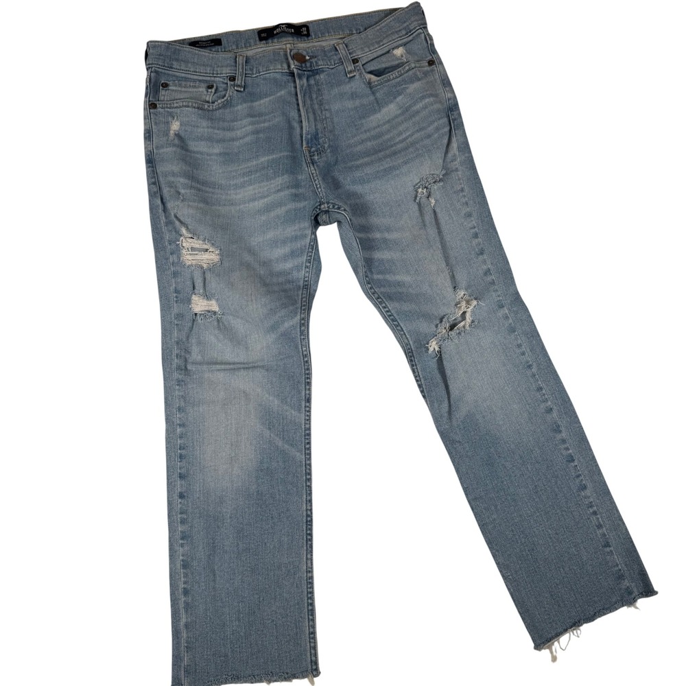 Hollister Skinny Jeans Mens 32x26 Light Wash Distressed Cut Off Raw Hem Ripped